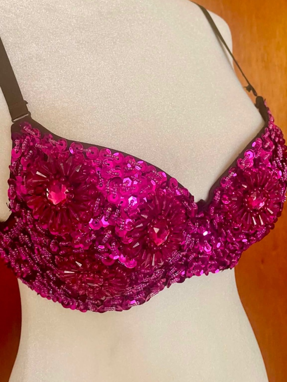Sequin & Rhinestone Beaded Bralette Top Magenta Purple Floral Statement Bra 36B